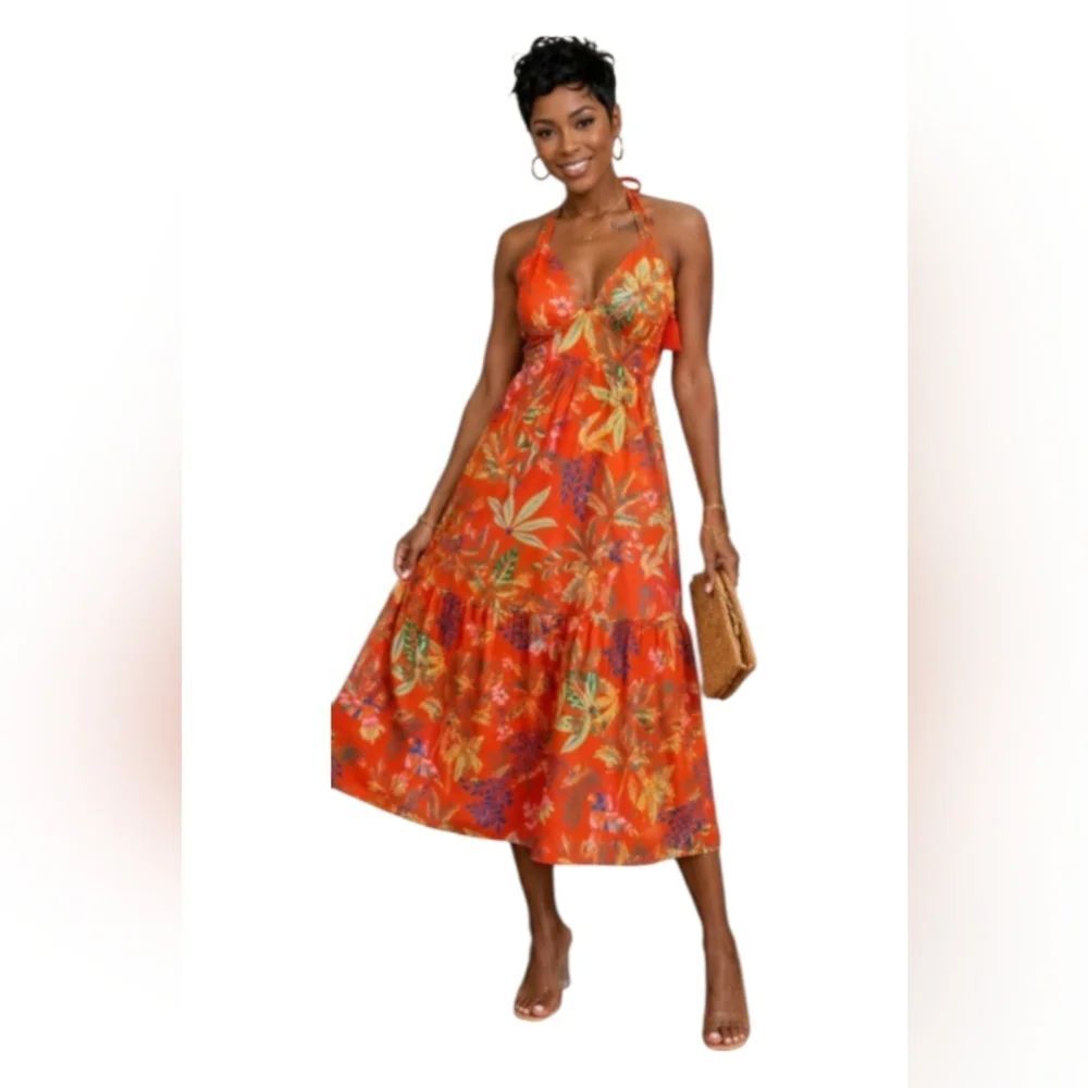 Chelsea & Violet Orange/Red Halter Maxi Dress Tropical Floral Print Sz.6 NWT